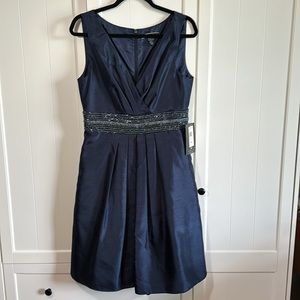 NWT-Navy Satin Cocktail Dress Beaded Waisteline